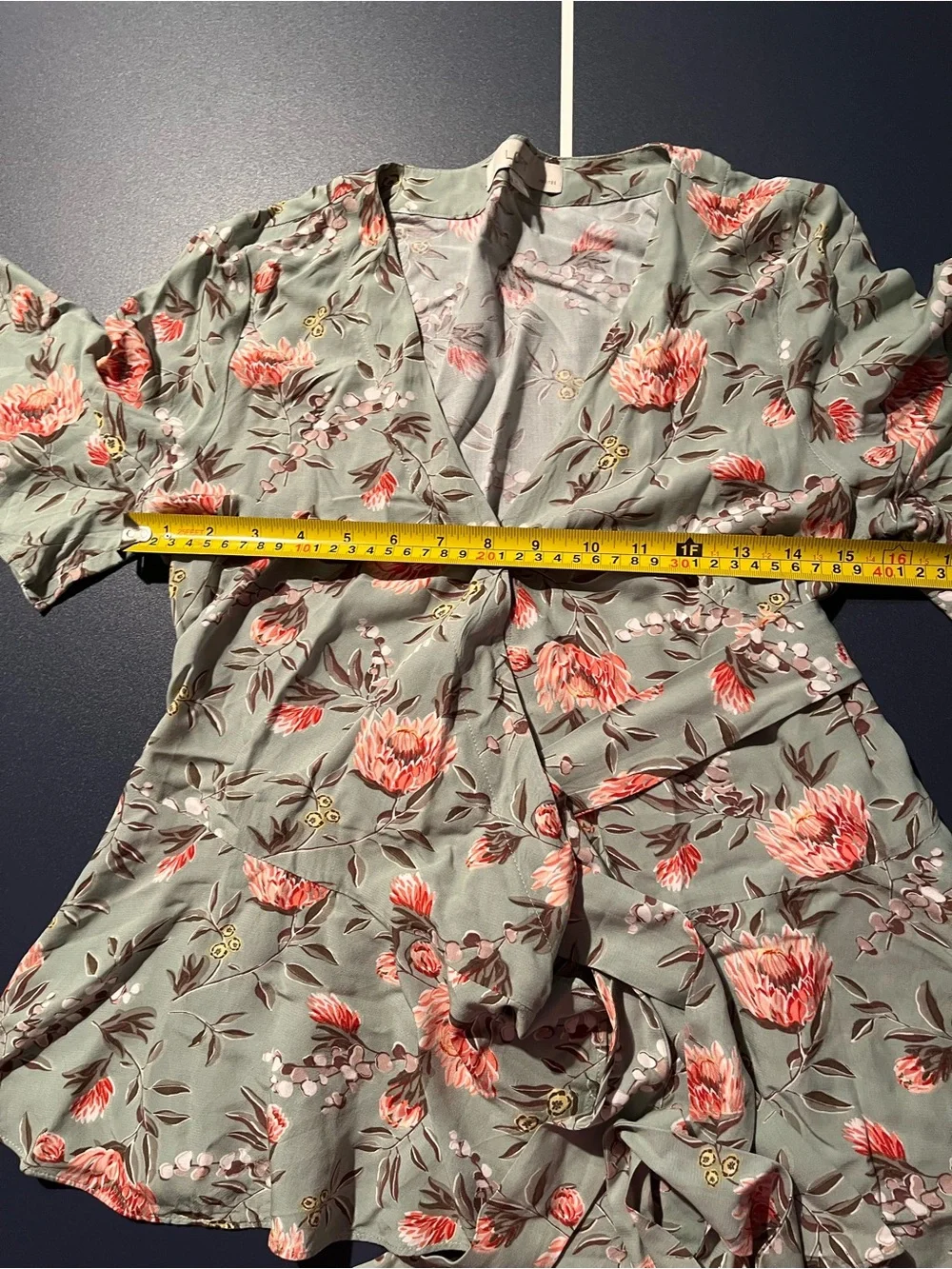LOFT Floral Wrap Top in Sage Green and Coral Accents